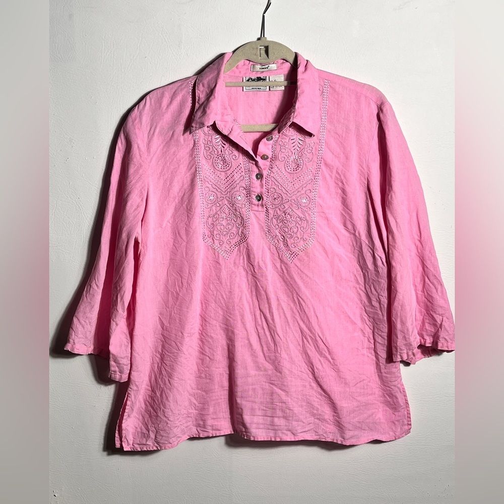 Edward Irish Linen Pink Embroidered Women's Top XL